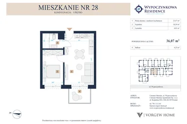 Rzut - Mieszkanie na sprzedaż 2 pokoje o powierzchni 36,07 m² - numer 28 w Wypoczynkowa Residence