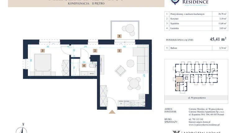 Rzut - Mieszkanie na sprzedaż 2 pokoje o powierzchni 45,58 m² - numer 30 w Wypoczynkowa Residence