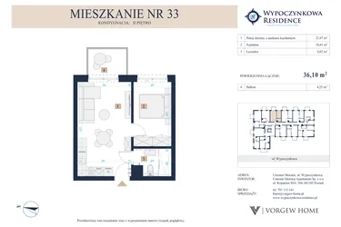 Rzut - Mieszkanie na sprzedaż 2 pokoje o powierzchni 36,1 m² - numer 33 w Wypoczynkowa Residence