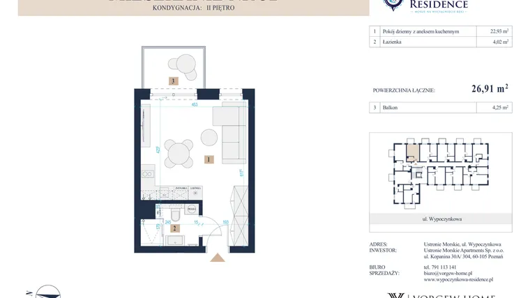 Rzut - Mieszkanie na sprzedaż 1 pokój o powierzchni 26,91 m² - numer 32 w Wypoczynkowa Residence