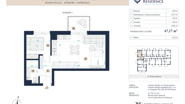 Rzut - Mieszkanie na sprzedaż 3 pokoje o powierzchni 67,34 m² - numer 42 w Wypoczynkowa Residence