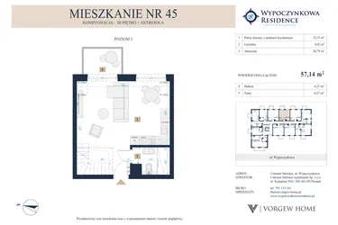 Rzut - Mieszkanie na sprzedaż 2 pokoje o powierzchni 57,29 m² - numer 45 w Wypoczynkowa Residence