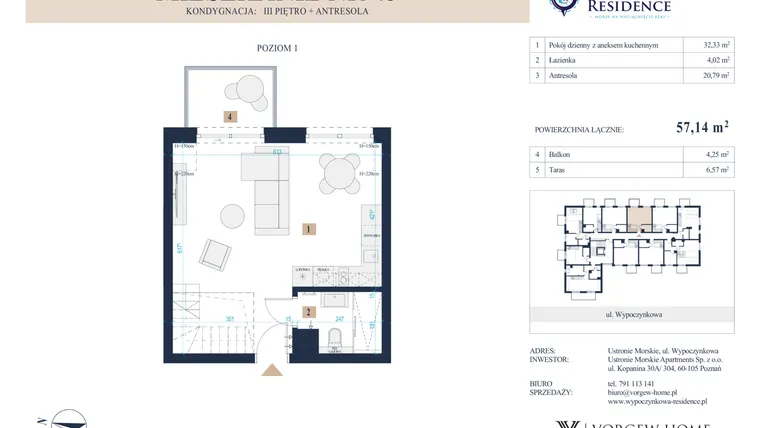 Rzut - Mieszkanie na sprzedaż 2 pokoje o powierzchni 57,29 m² - numer 45 w Wypoczynkowa Residence