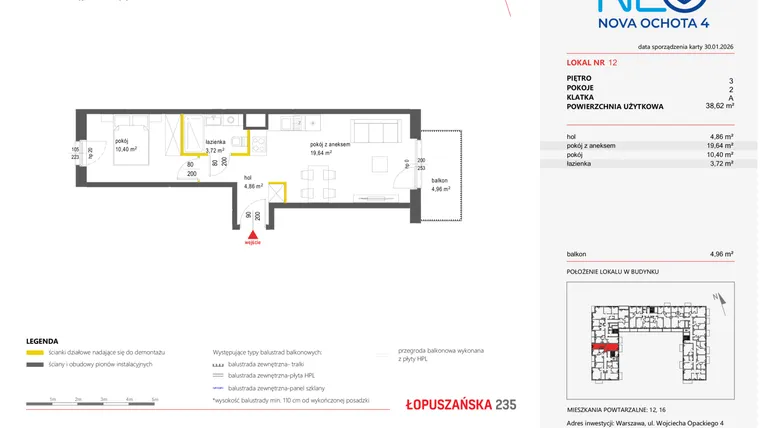 Rzut - Mieszkanie na sprzedaż 2 pokoje o powierzchni 38,62 m² - numer 12 w Neo Nova Ochota 4