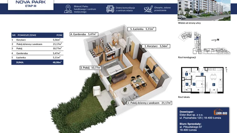 Rzut - Mieszkanie na sprzedaż 2 pokoje o powierzchni 48,08 m² - numer 36 w Nova Park etap III