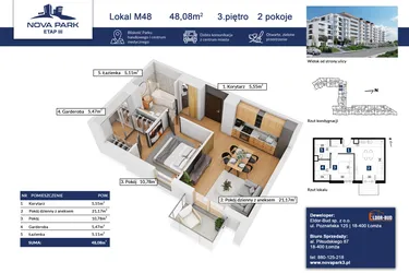 Rzut - Mieszkanie na sprzedaż 2 pokoje o powierzchni 48,08 m² - numer 48 w Nova Park etap III