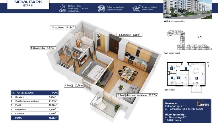Rzut - Mieszkanie na sprzedaż 2 pokoje o powierzchni 48,08 m² - numer 48 w Nova Park etap III