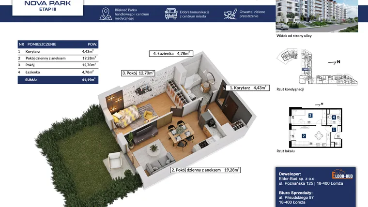 Rzut - Mieszkanie na sprzedaż 2 pokoje o powierzchni 41,19 m² - numer 60 w Nova Park etap III