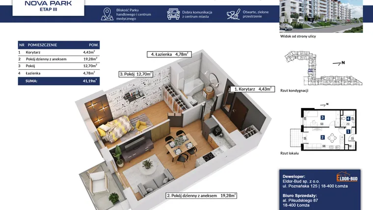 Rzut - Mieszkanie na sprzedaż 2 pokoje o powierzchni 41,19 m² - numer 75 w Nova Park etap III