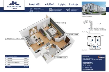 Rzut - Mieszkanie na sprzedaż 2 pokoje o powierzchni 45,66 m² - numer 81 w Nova Park etap III