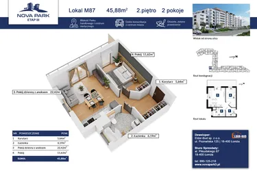 Rzut - Mieszkanie na sprzedaż 2 pokoje o powierzchni 45,69 m² - numer 87 w Nova Park etap III