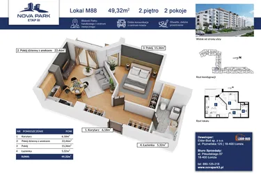 Rzut - Mieszkanie na sprzedaż 2 pokoje o powierzchni 49,32 m² - numer 88 w Nova Park etap III