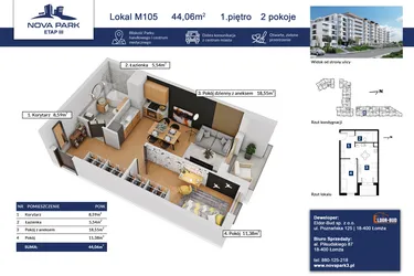 Rzut - Mieszkanie na sprzedaż 2 pokoje o powierzchni 44,06 m² - numer 105 w Nova Park etap III