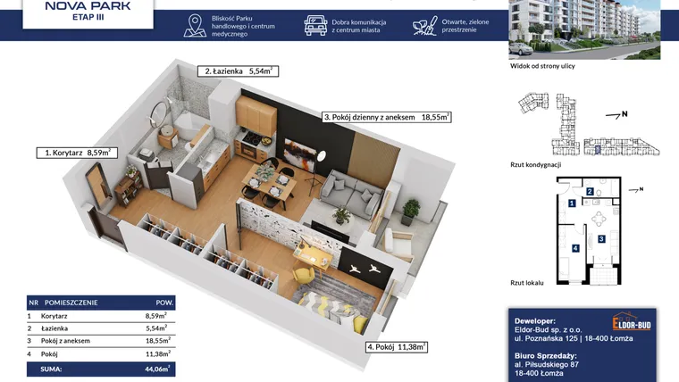 Rzut - Mieszkanie na sprzedaż 2 pokoje o powierzchni 44,06 m² - numer 105 w Nova Park etap III