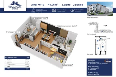 Rzut - Mieszkanie na sprzedaż 2 pokoje o powierzchni 44,06 m² - numer 112 w Nova Park etap III