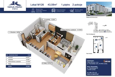 Rzut - Mieszkanie na sprzedaż 2 pokoje o powierzchni 43,58 m² - numer 126 w Nova Park etap III