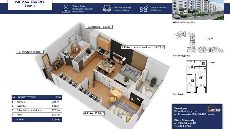 Rzut - Mieszkanie na sprzedaż 2 pokoje o powierzchni 43,58 m² - numer 126 w Nova Park etap III