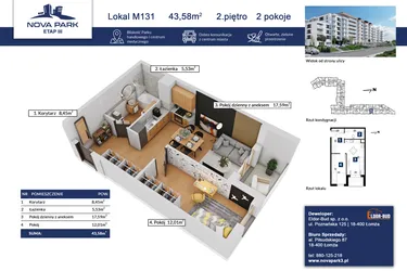 Rzut - Mieszkanie na sprzedaż 2 pokoje o powierzchni 43,58 m² - numer 131 w Nova Park etap III