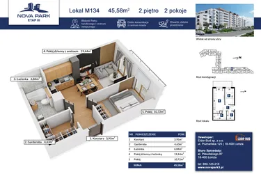 Rzut - Mieszkanie na sprzedaż 2 pokoje o powierzchni 45,58 m² - numer 134 w Nova Park etap III