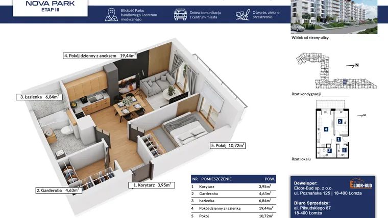 Rzut - Mieszkanie na sprzedaż 2 pokoje o powierzchni 45,58 m² - numer 134 w Nova Park etap III
