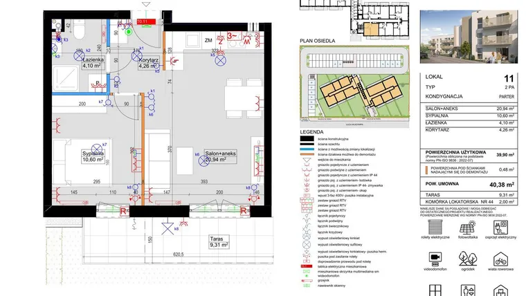 Rzut - Mieszkanie na sprzedaż 2 pokoje o powierzchni 39,9 m² - numer 11 w Harmony Antoninek