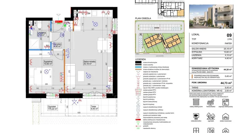 Rzut - Mieszkanie na sprzedaż 2 pokoje o powierzchni 44,28 m² - numer 9 w Harmony Antoninek