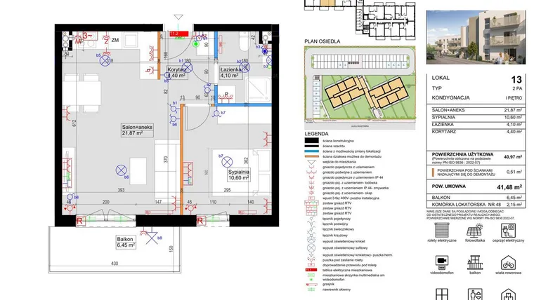 Rzut - Mieszkanie na sprzedaż 2 pokoje o powierzchni 40,86 m² - numer 13 w Harmony Antoninek