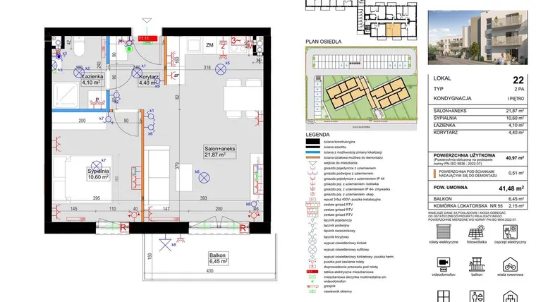 Rzut - Mieszkanie na sprzedaż 2 pokoje o powierzchni 40,83 m² - numer 22 w Harmony Antoninek
