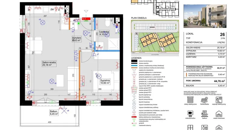 Rzut - Mieszkanie na sprzedaż 2 pokoje o powierzchni 44,07 m² - numer 26 w Harmony Antoninek