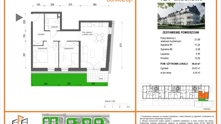 Rzut - Mieszkanie na sprzedaż 3 pokoje o powierzchni 59,43 m² - numer B3/M02/0P w Zielony Brochów 7