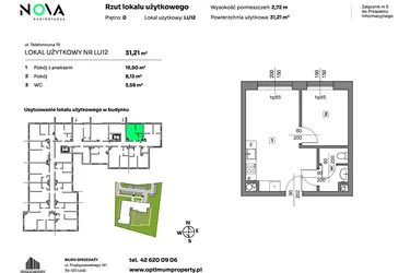 Rzut - Mieszkanie na sprzedaż 2 pokoje o powierzchni 31,21 m² - numer L.U. 12 w Nova Radiostacja - apartamenty inwestycyjne