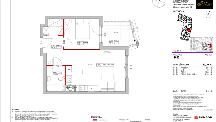 Rzut - Mieszkanie na sprzedaż 2 pokoje o powierzchni 45,3 m² - numer 9.B040 w Ursus Centralny etap VI