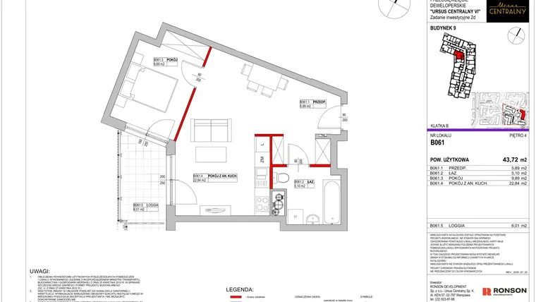 Rzut - Mieszkanie na sprzedaż 2 pokoje o powierzchni 43,72 m² - numer 9.B061 w Ursus Centralny etap VI