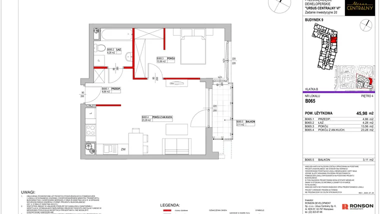 Rzut - Mieszkanie na sprzedaż 2 pokoje o powierzchni 45,98 m² - numer 9.B065 w Ursus Centralny etap VI