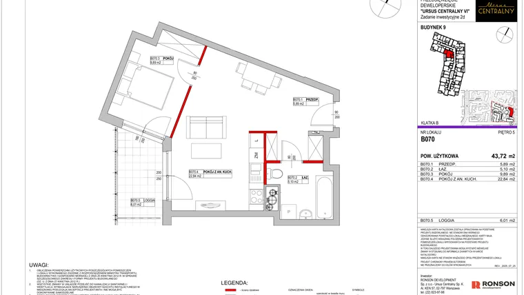 Rzut - Mieszkanie na sprzedaż 2 pokoje o powierzchni 43,72 m² - numer 9.B070 w Ursus Centralny etap VI