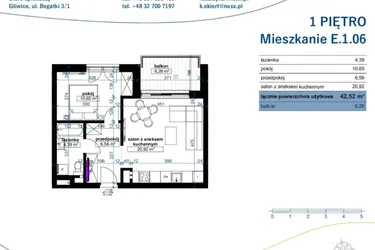 Rzut - Mieszkanie na sprzedaż 2 pokoje o powierzchni 42,52 m² - numer E.1.06 w Wzgórze Poetów 2