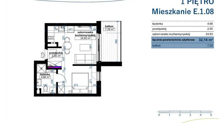 Rzut - Mieszkanie na sprzedaż 1 pokój o powierzchni 32,14 m² - numer E.1.08 w Wzgórze Poetów 2
