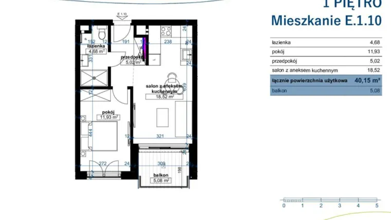 Rzut - Mieszkanie na sprzedaż 2 pokoje o powierzchni 40,15 m² - numer E.1.10 w Wzgórze Poetów 2