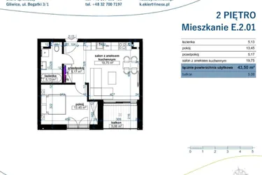 Rzut - Mieszkanie na sprzedaż 2 pokoje o powierzchni 43,5 m² - numer E.2.01 w Wzgórze Poetów 2