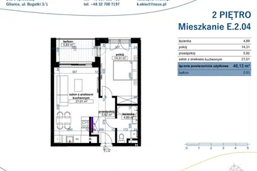 Rzut - Mieszkanie na sprzedaż 2 pokoje o powierzchni 46,13 m² - numer E.2.04 w Wzgórze Poetów 2