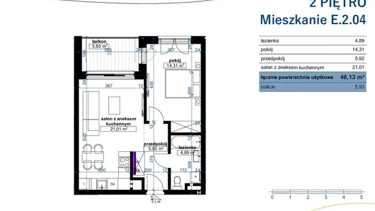 Rzut - Mieszkanie na sprzedaż 2 pokoje o powierzchni 46,13 m² - numer E.2.04 w Wzgórze Poetów 2