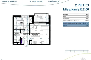 Rzut - Mieszkanie na sprzedaż 2 pokoje o powierzchni 42,52 m² - numer E.2.06 w Wzgórze Poetów 2