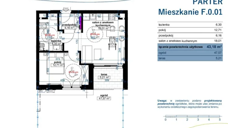 Rzut - Mieszkanie na sprzedaż 2 pokoje o powierzchni 43,18 m² - numer F.0.01 w Wzgórze Poetów 2