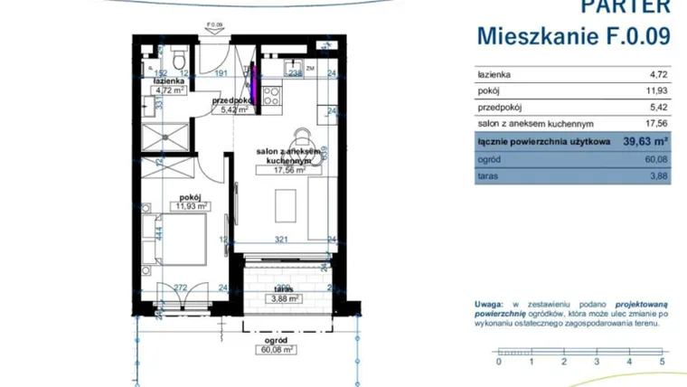 Rzut - Mieszkanie na sprzedaż 2 pokoje o powierzchni 39,63 m² - numer F.0.09 w Wzgórze Poetów 2