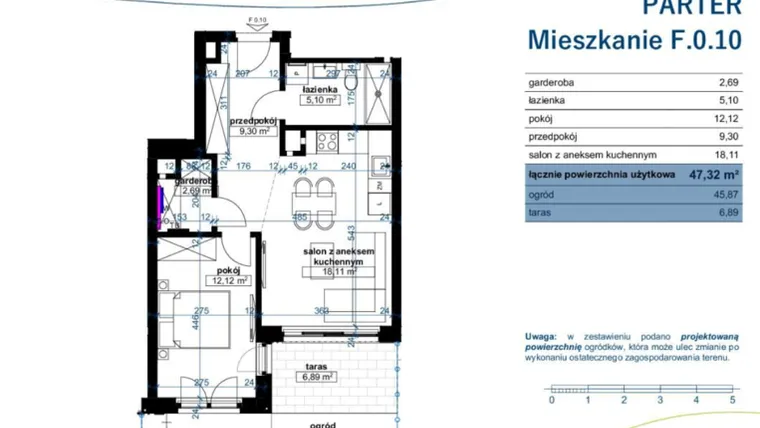 Rzut - Mieszkanie na sprzedaż 2 pokoje o powierzchni 47,32 m² - numer F.0.10 w Wzgórze Poetów 2