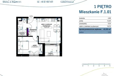 Rzut - Mieszkanie na sprzedaż 2 pokoje o powierzchni 43,5 m² - numer F.1.01 w Wzgórze Poetów 2