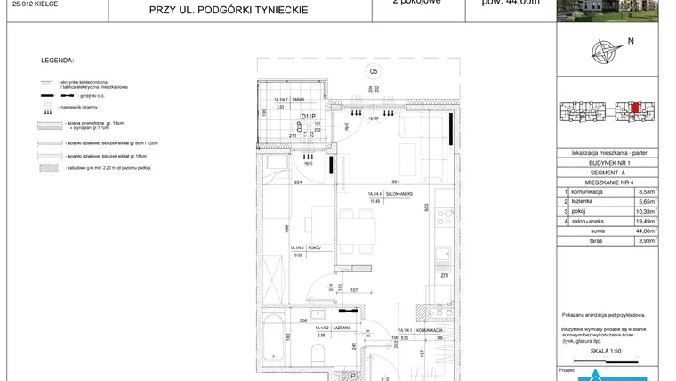 Rzut - Mieszkanie na sprzedaż 2 pokoje o powierzchni 44 m² - numer A4 w Podgórki Tynieckie