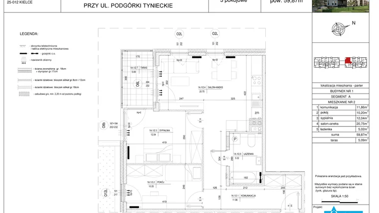 Rzut - Mieszkanie na sprzedaż 3 pokoje o powierzchni 59,87 m² - numer A2 w Podgórki Tynieckie