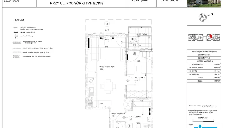Rzut - Mieszkanie na sprzedaż 2 pokoje o powierzchni 39,87 m² - numer A3 w Podgórki Tynieckie