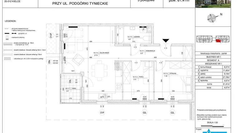 Rzut - Mieszkanie na sprzedaż 3 pokoje o powierzchni 61,41 m² - numer A1 w Podgórki Tynieckie